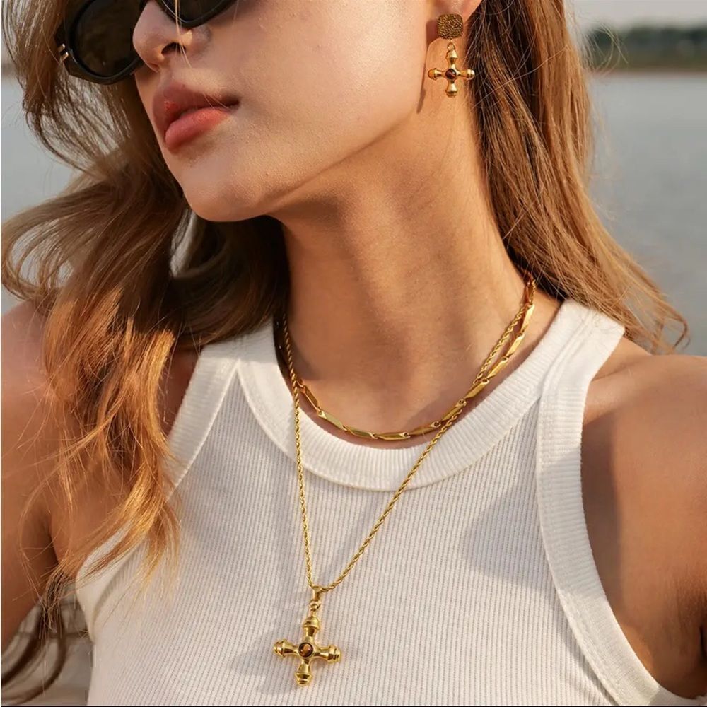 18K GOLD TIGER EYE STONE STATEMENT NECKLACE FASHION CHAIN